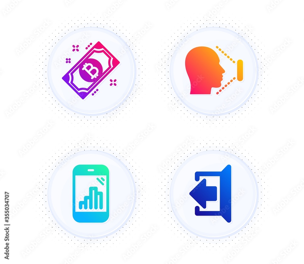Bitcoin, Face id and Graph phone icons simple set. Button with halftone dots. Sign out sign. Cryptocurrency coin, Identification system, Mobile statistics. Logout. Technology set. Vector Bitcoin, Face id and Graph phone icons simple set. Button with halftone dots. Sign out sign. Cryptocurrency coin, Identification system, Mobile statistics. Logout. Technology set. Vector