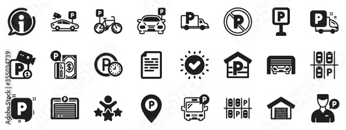 Car garage, Valet servant and Paid transport parking icons. Parking icons. Video monitoring, Bike or Car park and Truck or Bus transport garage. Money payment, Map pointer and Free park. Vector