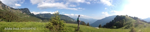 panoramic view on the Alps   lonely trekking with dogs in a wide meadow