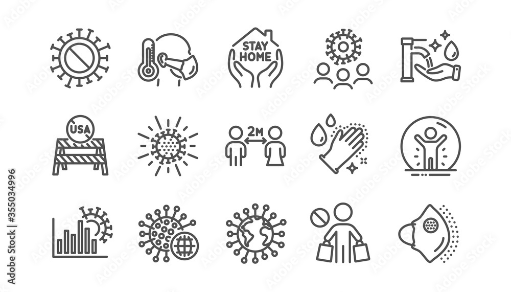 Coronavirus line icons set. Covid-19 virus pandemic. Medical protective mask, washing hands hygiene, usa shut borders. Stay home, safe distance, coronavirus epidemic mask icons. Linear set. Vector