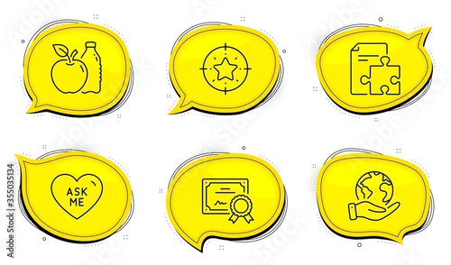 Ask me sign. Diploma certificate, save planet chat bubbles. Star target, Apple and Strategy line icons set. Winner award, Diet food, Puzzle. Love sweetheart. Outline icons set. Vector