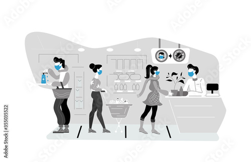 Supermarket store counter cashier and buyers in medical masks, with cart and basket of food. Quarantine coronavirus 2019-nCoV in the store social distancing epidemic precautions.Mask face shop