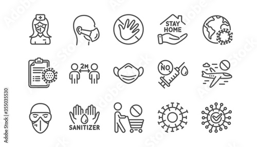Coronavirus line icons set. Medical mask, washing hands hygiene, protective glasses. Stay home, hands sanitizer, coronavirus epidemic mask icons. Covid-19 virus pandemic, no vaccine. Vector