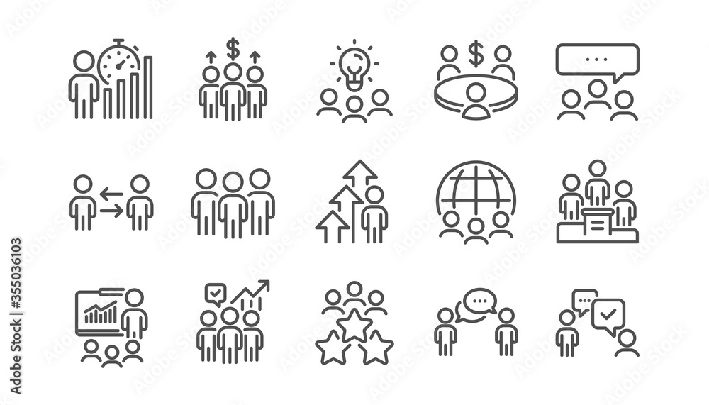 Meeting line icons set. Conference, seminar discussion, classroom. Team, work and business idea icons. Classroom job, people management. Presentation, office meeting, consultation. Linear set. Vector Meeting line icons set. Conference, seminar discussion, classroom. Team, work and business idea icons. Classroom job, people management. Presentation, office meeting, consultation. Linear set. Vector