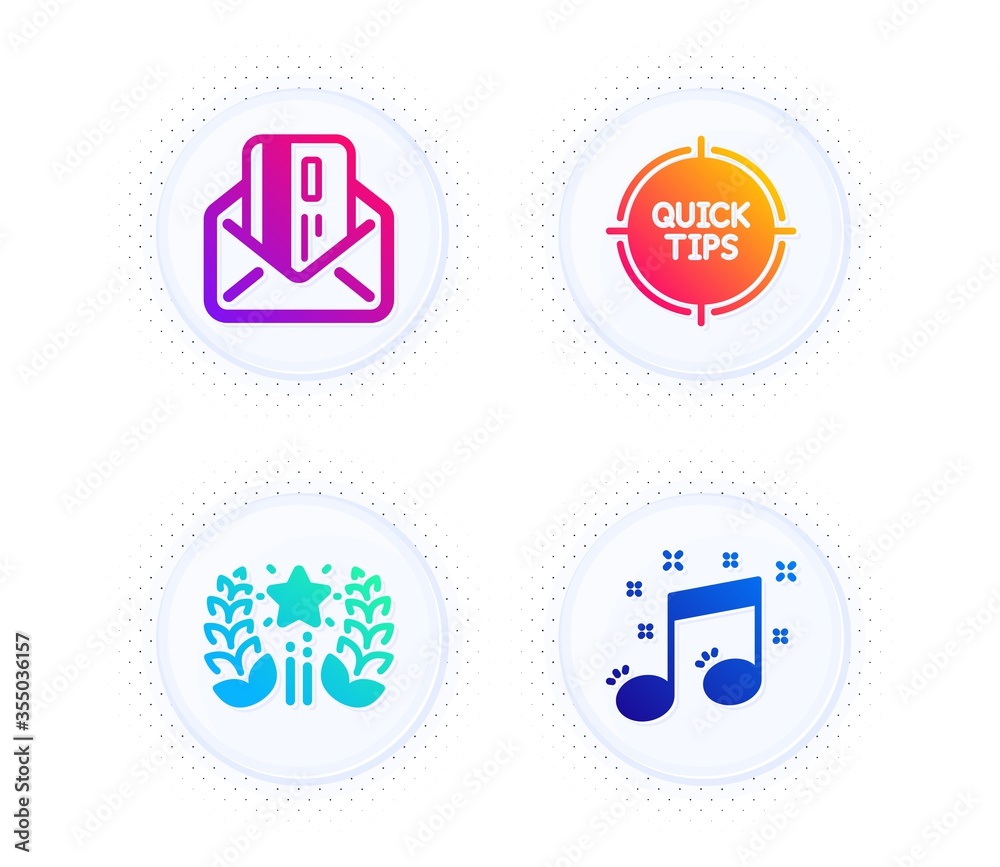 Ranking, Tips and Credit card icons simple set. Button with halftone dots. Musical note sign. Laurel wreath, Quick tricks, Mail. Music. Education set. Gradient flat ranking icon. Vector
