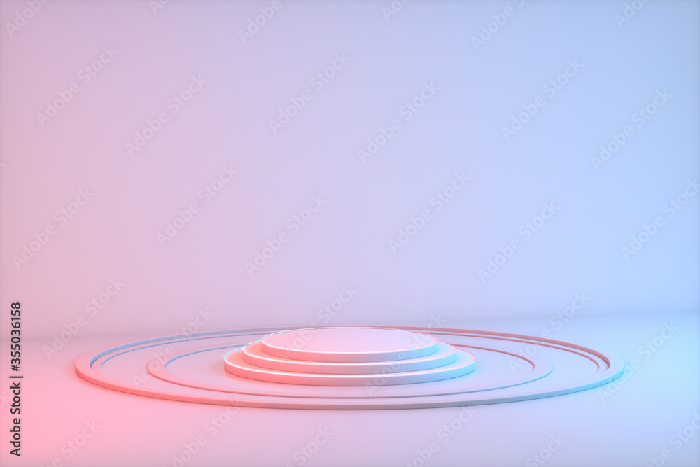 Minimalistic podium showcase with empty space in pink, red and blue neon colors. Design for product presentation in trendy, modern style. 3D rendering. Minimalistic podium showcase with empty space in pink, red and blue neon colors. Design for product presentation in trendy, modern style. 3D rendering.