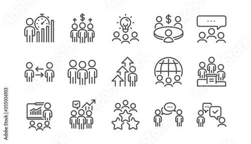 Meeting line icons set. Conference, seminar discussion, classroom. Team, work and business idea icons. Classroom job, people management. Presentation, office meeting, consultation. Linear set. Vector