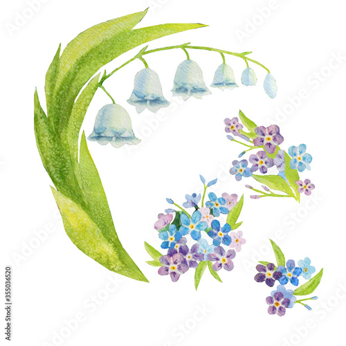 Lilies of the valley and forget-me-nots in watercolor