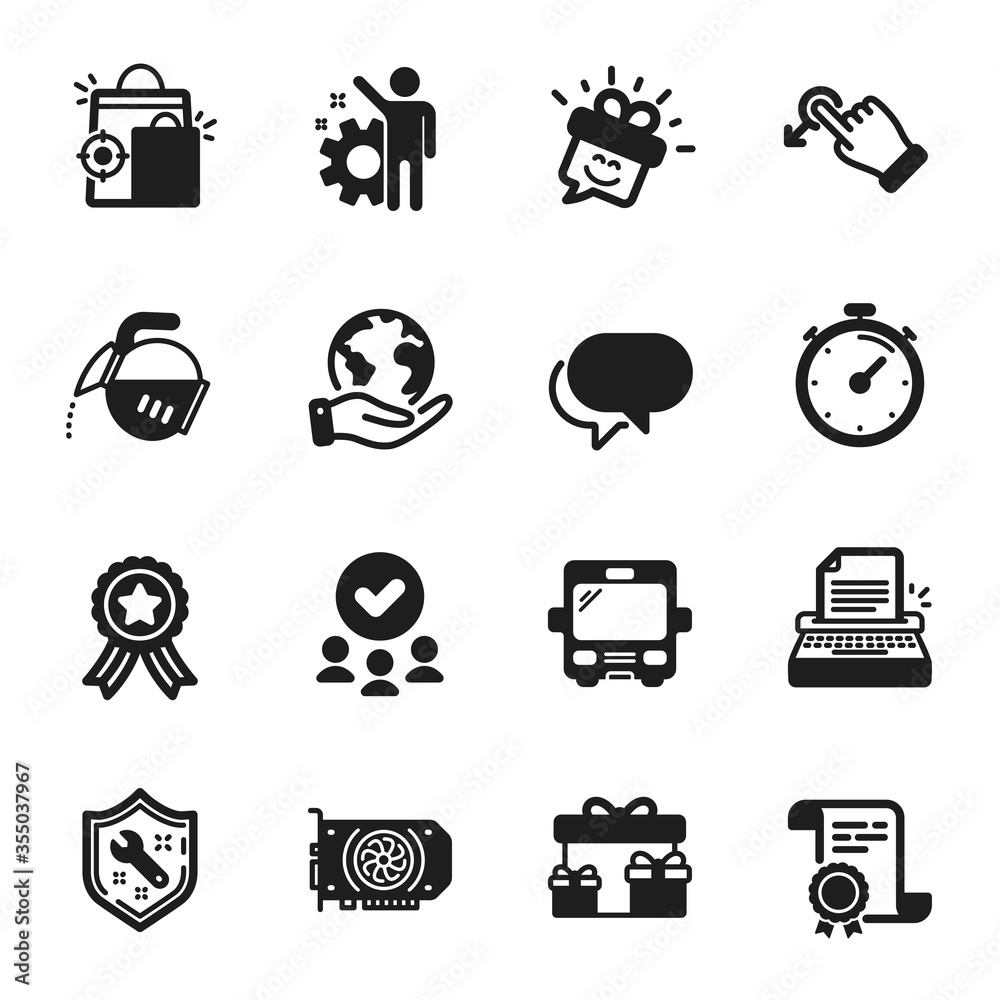 Set of Business icons, such as Drag drop, Seo shopping. Certificate, approved group, save planet. Spanner, Employee, Timer. Coffee pot, Talk bubble, Smile. Bus, Surprise boxes, Typewriter. Vector