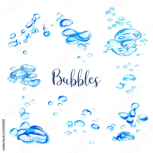 Set of watercolor water bubbles, hand drawn
