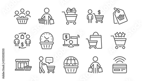 Buyer customer line icons set. Contactless payment card, shopping cart and group of people. Store, buyer loyalty card, client ranking set icons. Shopping timer, online payment, currency. Vector