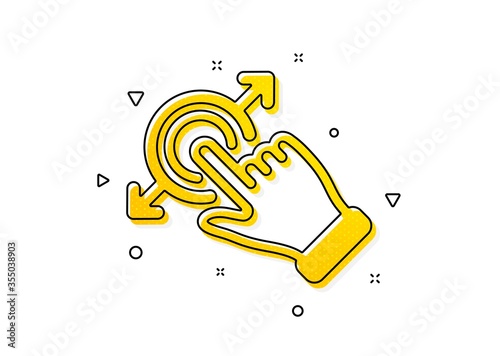 Drag and drop arrow sign. Touchscreen gesture icon. Swipe action symbol. Yellow circles pattern. Classic touchscreen gesture icon. Geometric elements. Vector