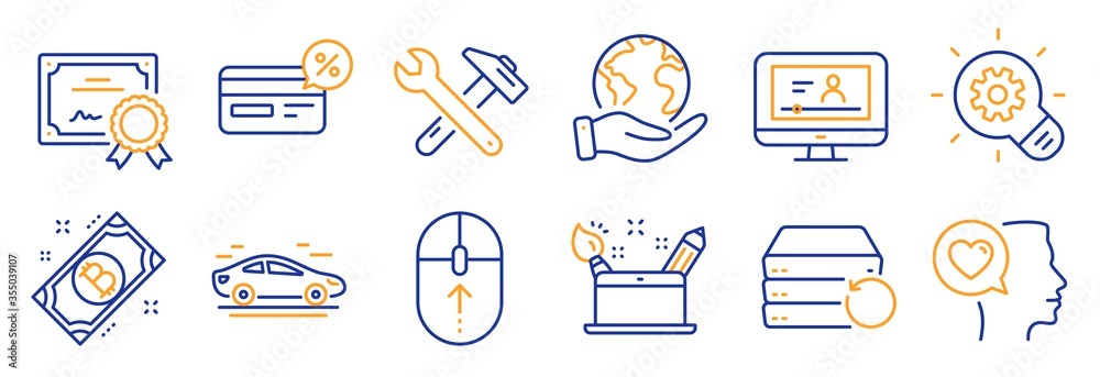 Set of Technology icons, such as Swipe up, Spanner tool. Certificate, save planet. Recovery server, Creativity concept, Cogwheel. Bitcoin, Online video, Cashback. Car, Romantic talk line icons. Vector Set of Technology icons, such as Swipe up, Spanner tool. Certificate, save planet. Recovery server, Creativity concept, Cogwheel. Bitcoin, Online video, Cashback. Car, Romantic talk line icons. Vector