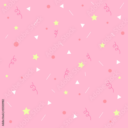 Vector seamless pattern with confetti on pink background.