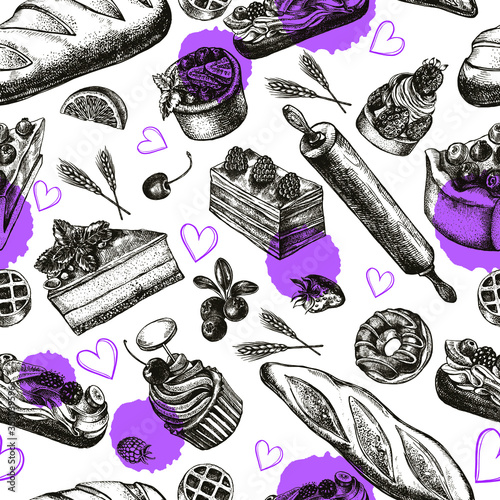 Decorative seamless pattern with Ink hand drawn cakes, pastries, bread. Food elements texture for your design. Vector illustration.
