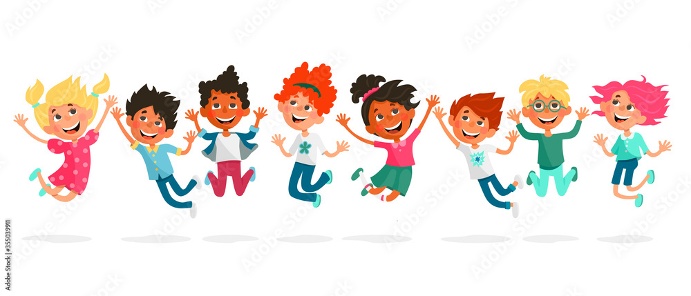 Cartoon bouncing and jumping children of different skin colors and nationalities. Kid's party. Vector illustration isolated on a white background.