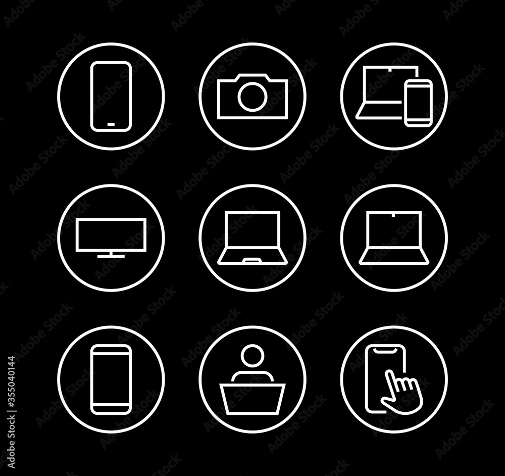 set of smart devices and gadgets, computer hardware and electronics. Electronic device icons for web and mobile vector lines. Editable stroke. 480x480 pixels set of smart devices and gadgets, computer hardware and electronics. Electronic device icons for web and mobile vector lines. Editable stroke. 480x480 pixels