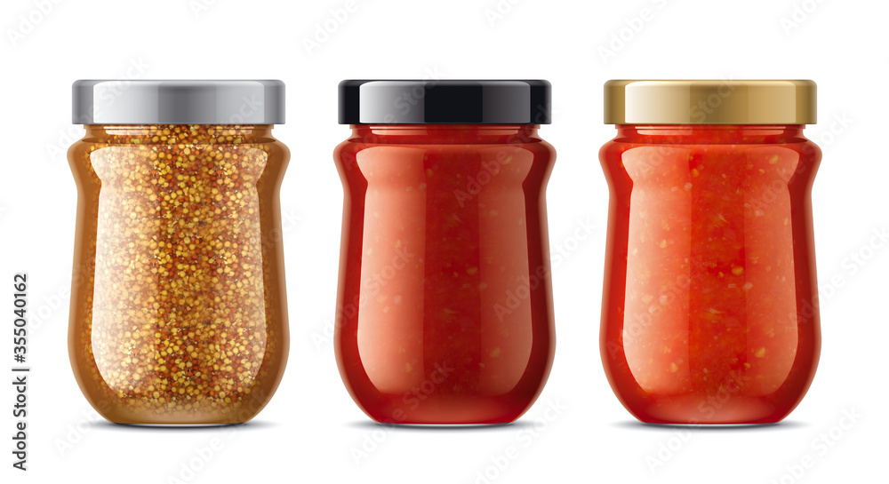 Set of Glass Jars with Sauces, Mustard. Set of Glass Jars with Sauces, Mustard.