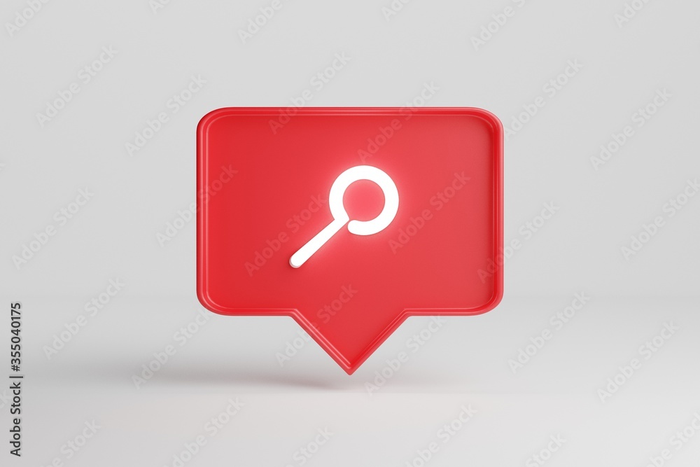 Neon search symbol. Red pin chat box isolated over a white background. 3d render Neon sings. Neon search symbol. Red pin chat box isolated over a white background. 3d render Neon sings.