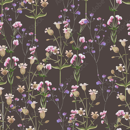 Field grasses and flowers seamless pattern on a dark background