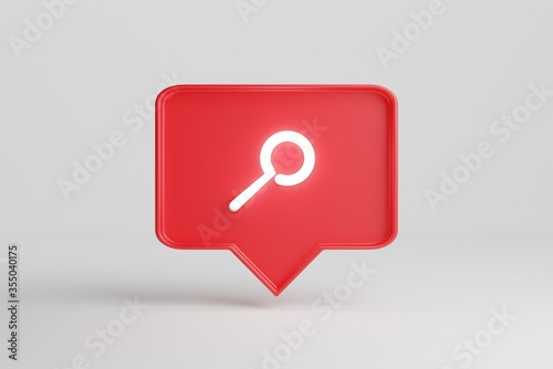 Neon search symbol. Red pin chat box isolated over a white background. 3d render Neon sings.