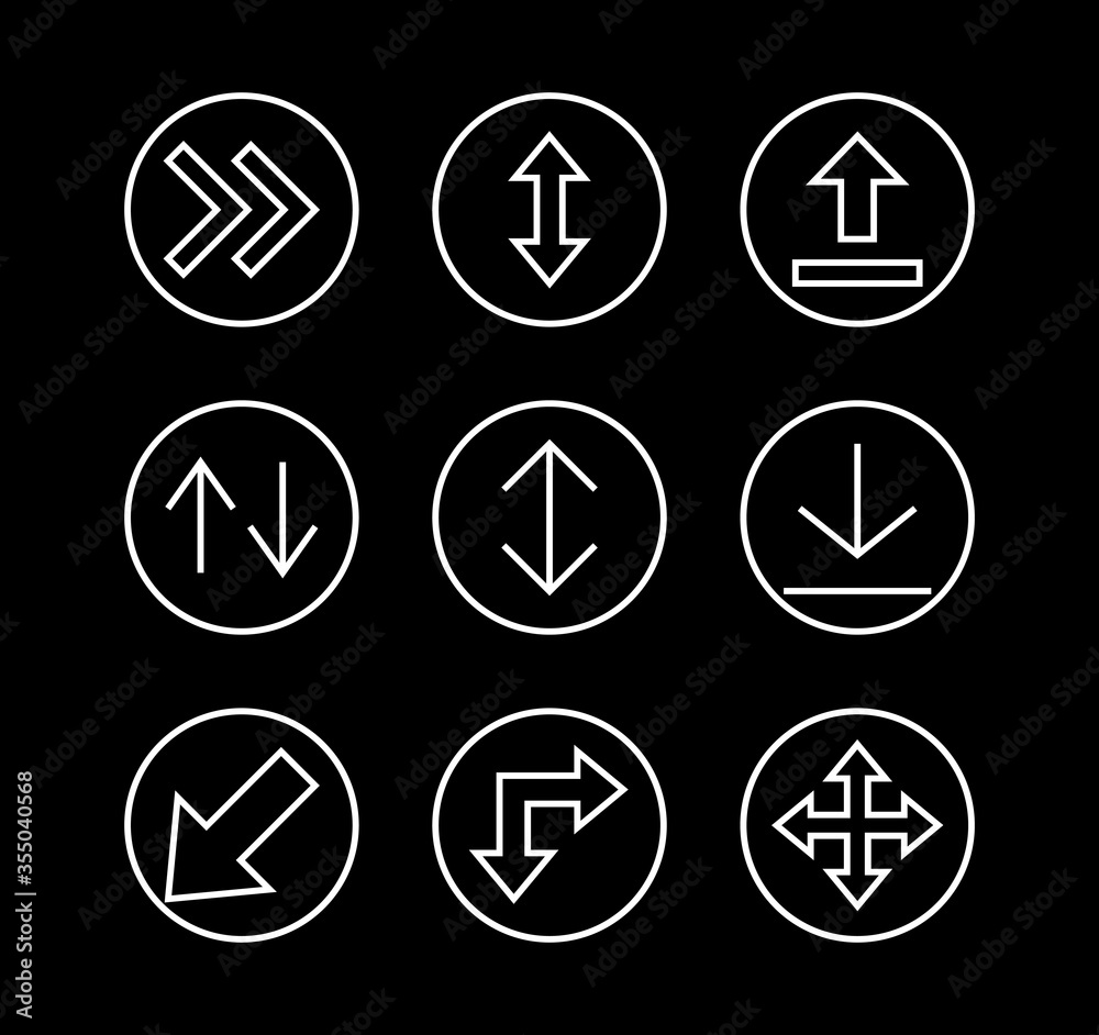 Set of line arrows, directions, arrows, contains icons such as pause, continuation, directly, to the right, Editable stroke. 480x480, On a white background, Vector illustration Set of line arrows, directions, arrows, contains icons such as pause, continuation, directly, to the right, Editable stroke. 480x480, On a white background, Vector illustration
