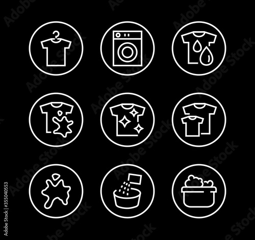 Simple set of washing related vector line Icons. Contains icons such as washing machine, powder, laundry, dirty t-shirt and much more. On a white background, editable stroke. 48x48 pixels perfect © RUVYM