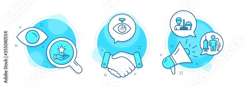 Loyalty program, Cleaning service and Medical vaccination line icons set. Handshake deal, research and promotion complex icons. Eye laser sign. Bonus star, Bucket with mop, Syringe vaccine. Vector