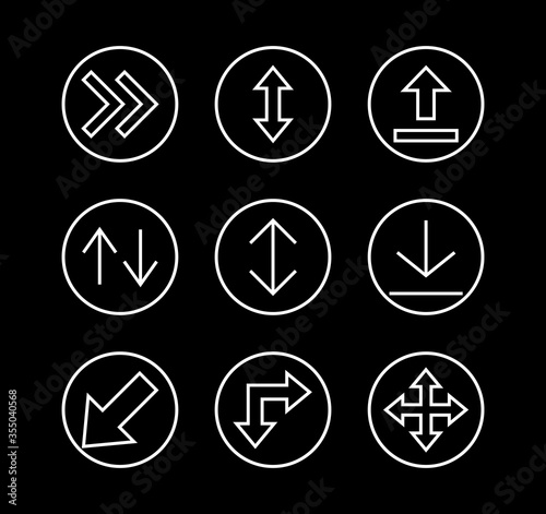 Set of line arrows, directions, arrows, contains icons such as pause, continuation, directly, to the right, Editable stroke. 480x480, On a white background, Vector illustration