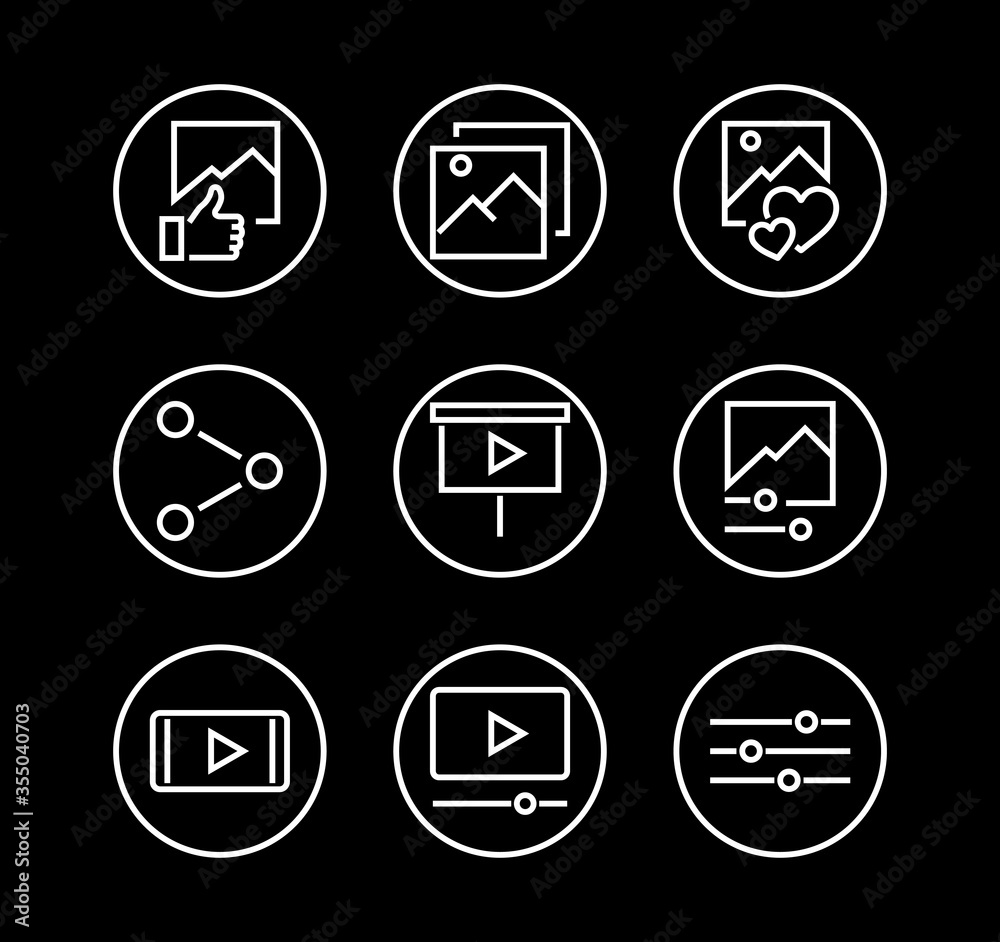 Set of Images Gallery vector line icons. Contains icons such as video, play video, edit images, Business Training, like photo. Editable stroke. Vector illustration Set of Images Gallery vector line icons. Contains icons such as video, play video, edit images, Business Training, like photo. Editable stroke. Vector illustration