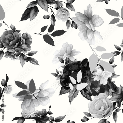 Seamless pattern of black panther with flowers and leaf around. Black and white abstract artwork for textile, fabric and other using. Hand drawn illustration. vector - stock.