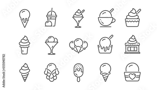 Ice cream line icons set. Bubble waffle, vanilla sundae, frozen yogurt. Sweet dessert food, milkshake with ice cream, sundae icons. Smoothie drink, frozen coffee, sorbet wafer. Linear set. Vector