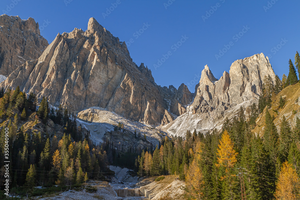 Scenic mountain landscape in Italian national park of Ampezzo Dolomites.