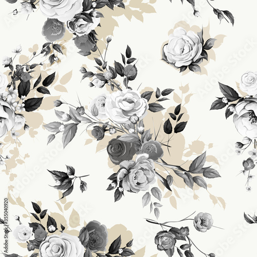 Seamless floral background pattern. Peony, sakura with branсhes and abstract flowers and leaves on white. Artwork for textile, fabric and other prints purpose. Hand drawn vector - stock.