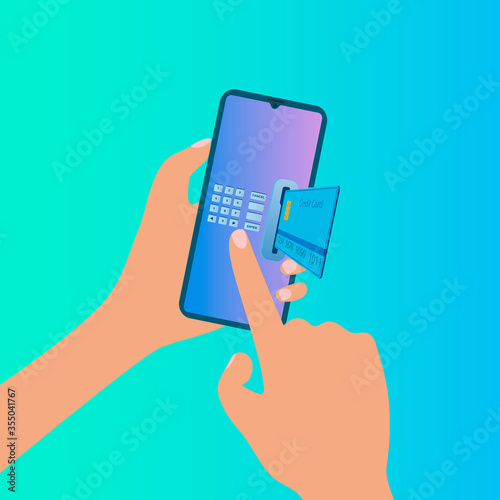 Online payments.Human hands make payments via smartphone.Payments transfer money purchases over the Internet. Mobile phone wireless communication.Shopping online concept.Flat vector illustration.