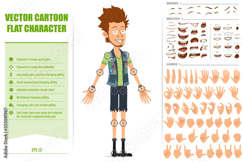 Cartoon flat bearded hipster man character in jeans shorts and jerkin. Ready for animation. Face expressions, eyes, brows, mouth and hands easy to edit. Isolated on white background. Big vector set.