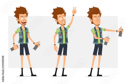 Cartoon flat funny bearded hipster man character in jeans shorts and jerkin. Ready for animation. Boy working with spray paint can and showing peace sign. Isolated on gray background. Vector icon set.