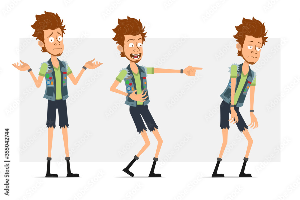 Cartoon flat bearded hipster man character in jeans shorts and jerkin. Ready for animation. Boy walking, laughing and showing misunderstanding gesture. Isolated on gray background. Vector icon set. Cartoon flat bearded hipster man character in jeans shorts and jerkin. Ready for animation. Boy walking, laughing and showing misunderstanding gesture. Isolated on gray background. Vector icon set.
