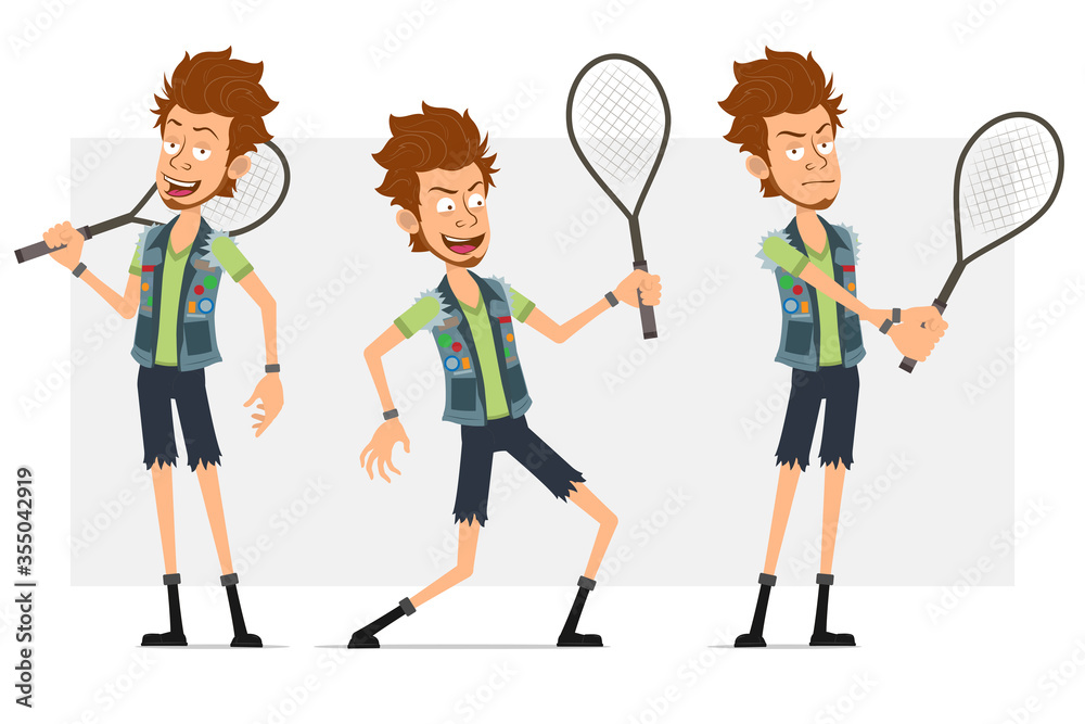 Cartoon flat funny bearded hipster man character in jeans shorts and jerkin. Ready for animation. Sport boy standing and playing with tennis racket. Isolated on gray background. Vector icon set. Cartoon flat funny bearded hipster man character in jeans shorts and jerkin. Ready for animation. Sport boy standing and playing with tennis racket. Isolated on gray background. Vector icon set.