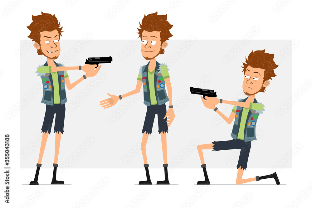 Cartoon flat funny bearded hipster man character in jeans shorts and jerkin. Ready for animation. Boy shaking hands and shooting with pistol. Isolated on gray background. Vector icon set. Cartoon flat funny bearded hipster man character in jeans shorts and jerkin. Ready for animation. Boy shaking hands and shooting with pistol. Isolated on gray background. Vector icon set.