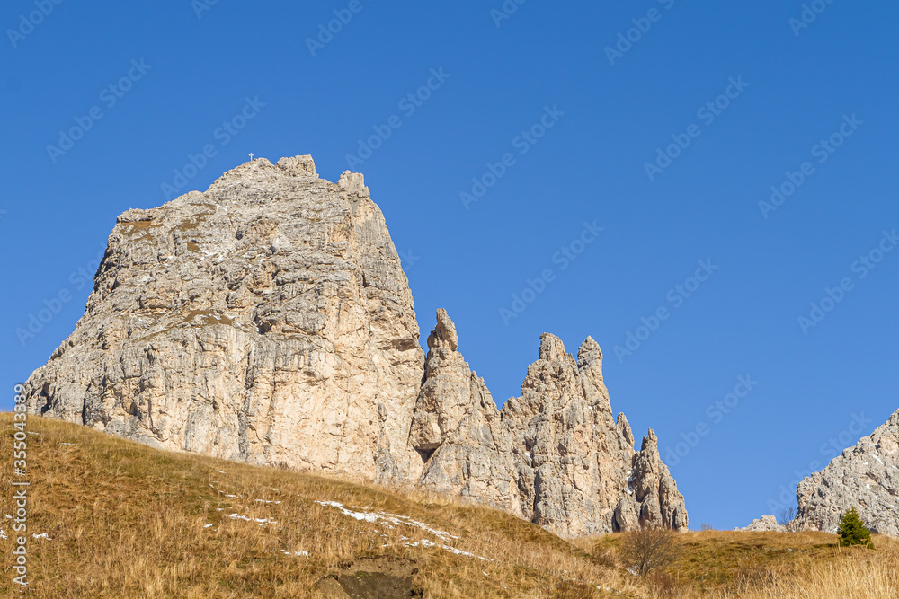 Cirspitzen Dolomites mountain range in Val Gardena in Italy