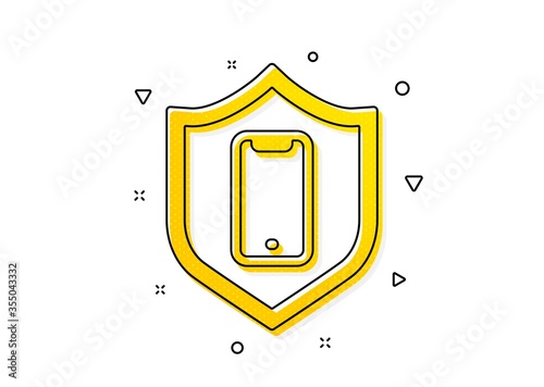 Phone shield sign. Smartphone protection icon. Mobile device symbol. Yellow circles pattern. Classic smartphone protection icon. Geometric elements. Vector