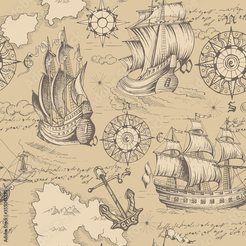 Vector abstract seamless pattern on the theme of travel, adventure and discovery and pirates. Vintage repeating background with hand-drawn ships, anchors, wind rose and islands.