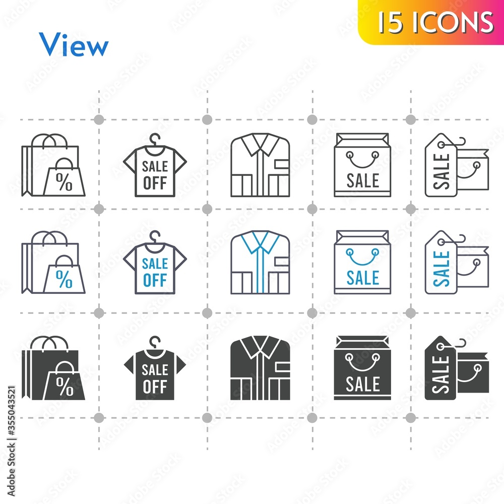 view icon set. included shopping bag, shirt icons on white background. linear, bicolor, filled styles. view icon set. included shopping bag, shirt icons on white background. linear, bicolor, filled styles.