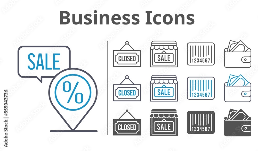 business icons icon set included shop, wallet, closed, placeholder, barcode icons business icons icon set included shop, wallet, closed, placeholder, barcode icons