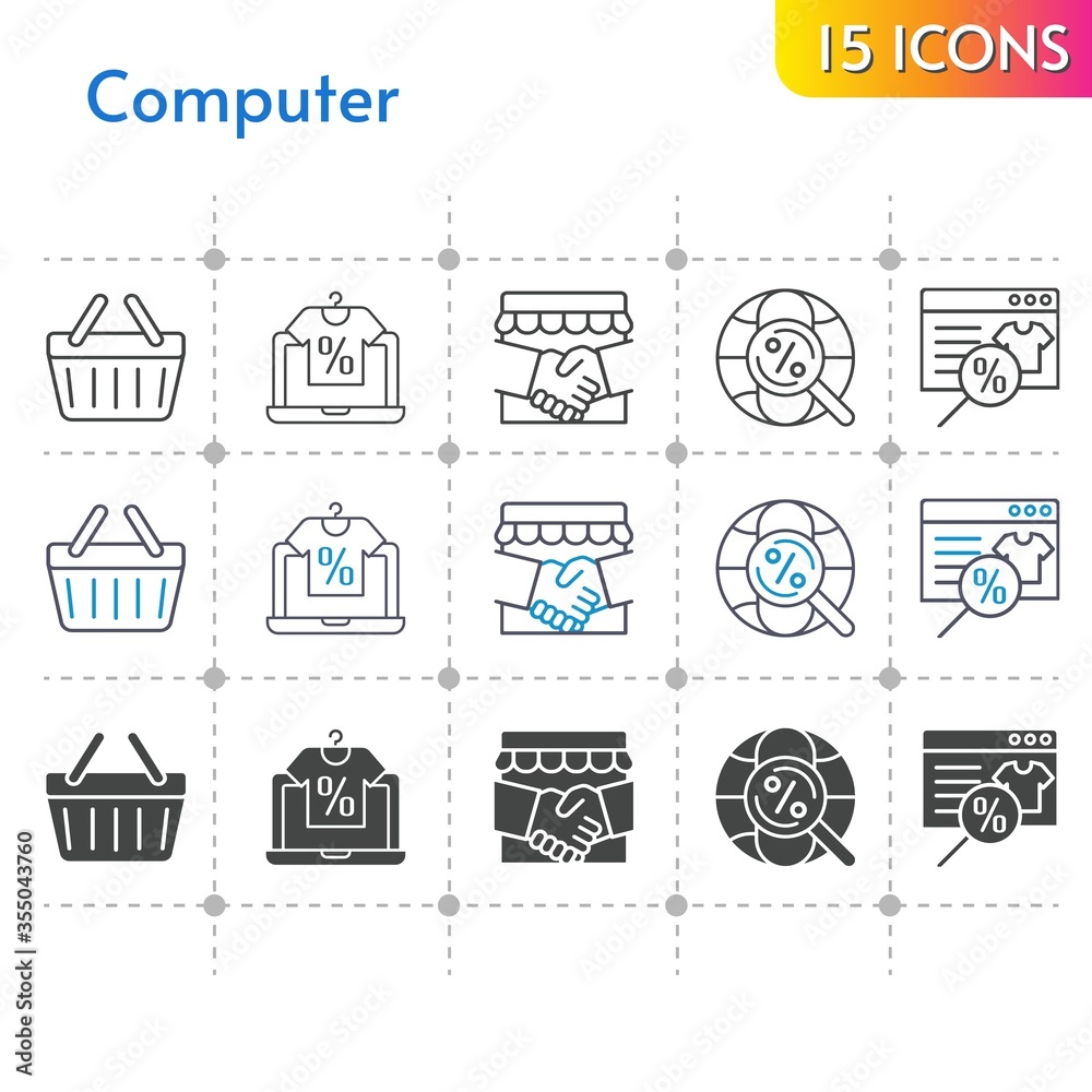 computer icon set. included online shop, handshake, shopping-basket, shopping basket, internet icons on white background. linear, bicolor, filled styles.