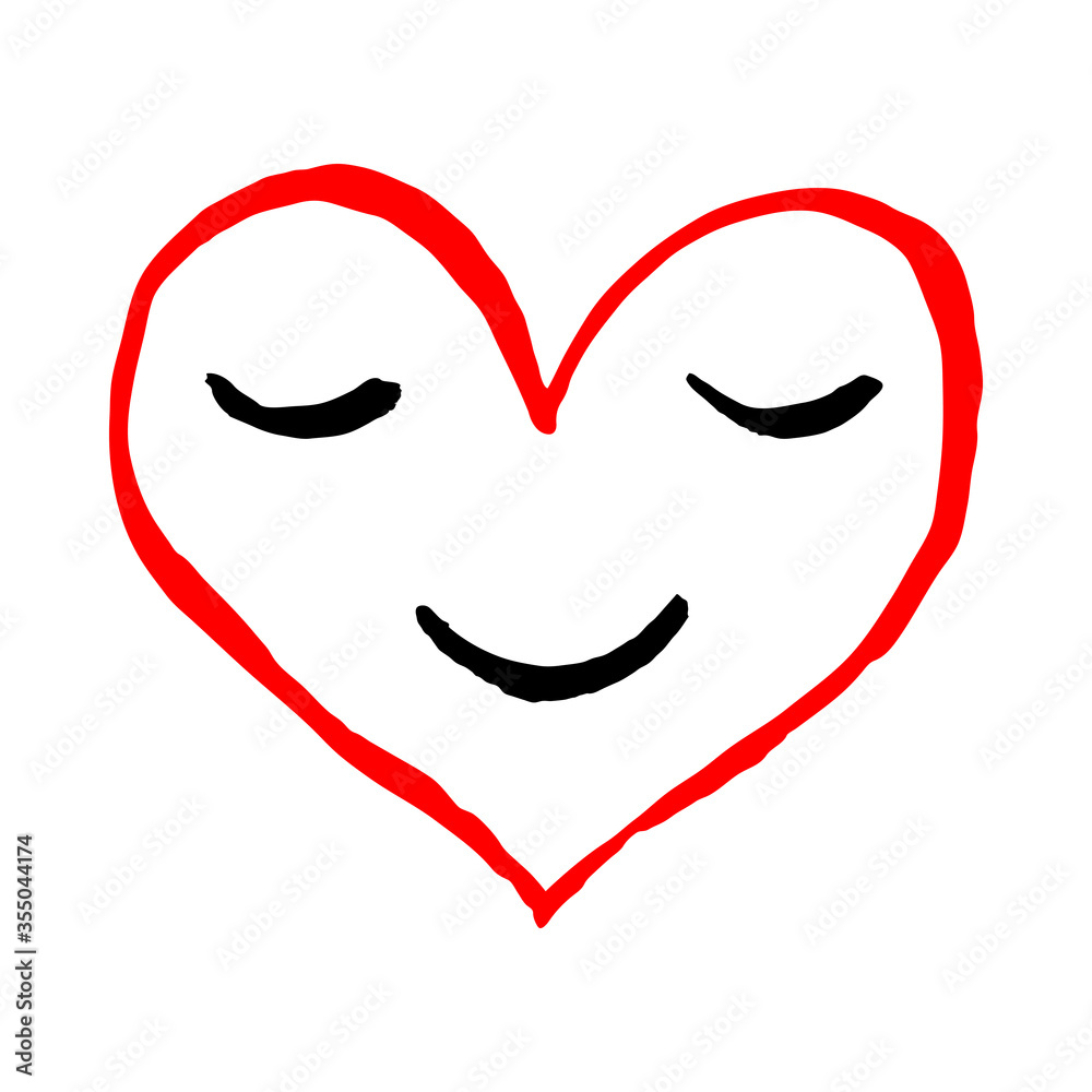 Red heart smiling. Face with smile emoji icon. Sketch drawing was drawn with brush and ink. Recolorable shape isolated from background. Vector illustration is a graphic element for artistic design. Red heart smiling. Face with smile emoji icon. Sketch drawing was drawn with brush and ink. Recolorable shape isolated from background. Vector illustration is a graphic element for artistic design.