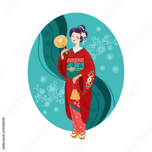charming cute cartoon geisha Maiko in red kimono with a green border and flowers holding a painted Japanese fan and purse on a vector background of blooming spring cherry trees at the Hanami festival