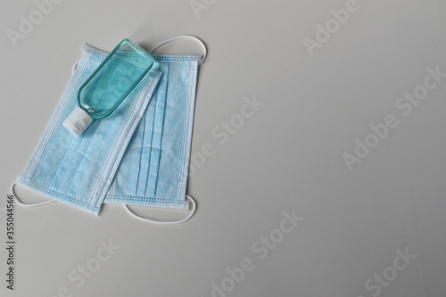 Covid-19 prevention set of gloves, surgical masks and hand sanitizer, coronavirus prevention concept