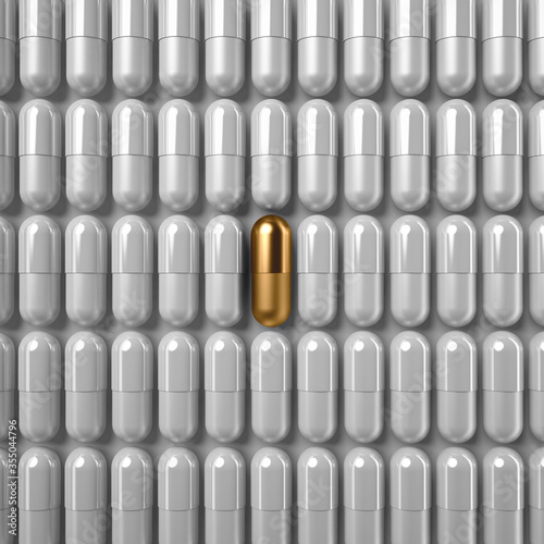 Creative background with lots of white capsules and a single gold one in the center. Ordinary medicine against special expensive pharmaceutical novelties. Tablets and supplements. 3D render.
